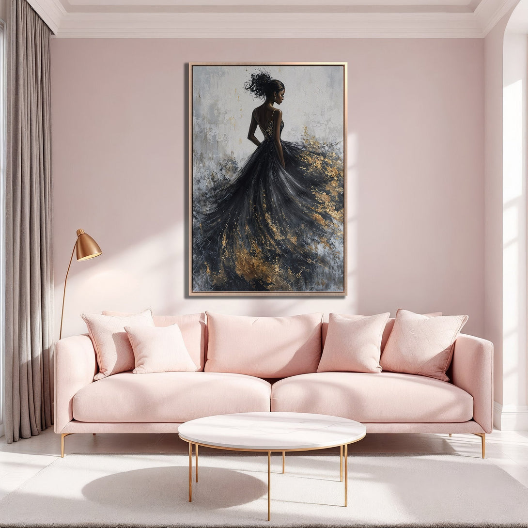 Framed Wall Art: Elegant woman in black & gold dress. Modern abstract painting in a gold frame, displayed in a blush pink living room. Add glamour to your space!