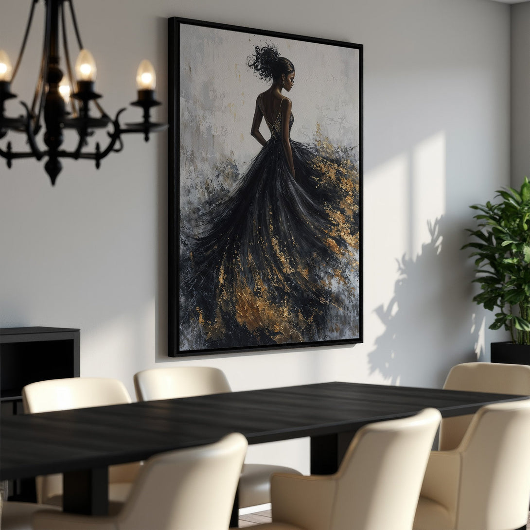 Framed Wall Art: Elegant woman in black and gold dress. Abstract style, neutral color palette. Perfect for dining room decor.