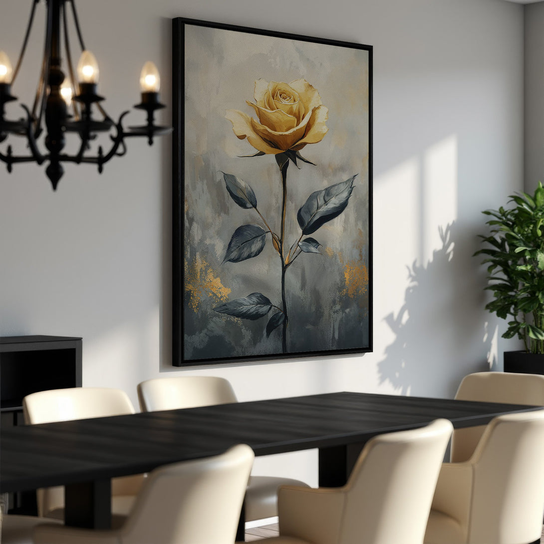 Framed Wall Art featuring a yellow rose painting in a modern style. Neutral gray and gold color palette, perfect for any interior design.