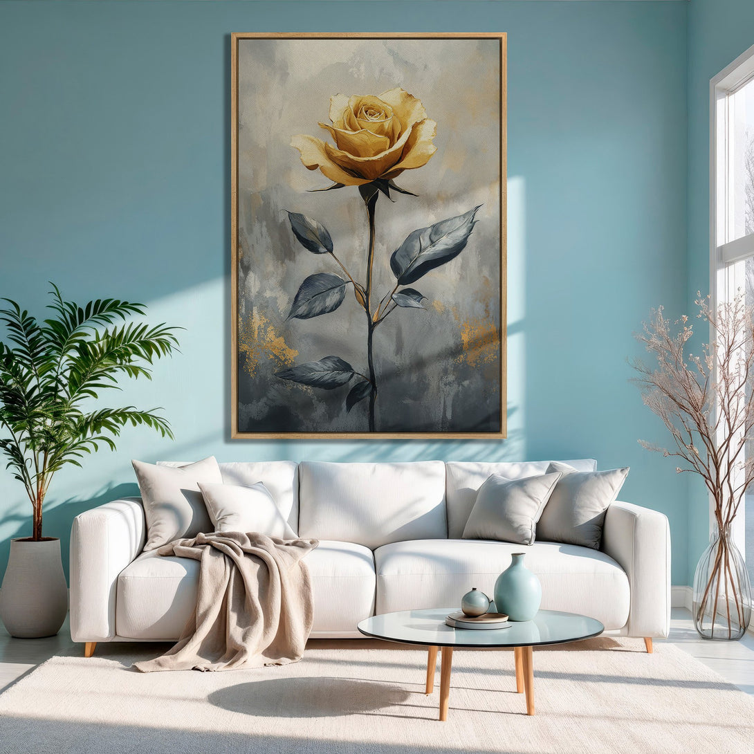 Framed Wall Art: Elegant yellow rose canvas print in a modern interior. Featuring a neutral gray and gold palette, perfect for living room decor.