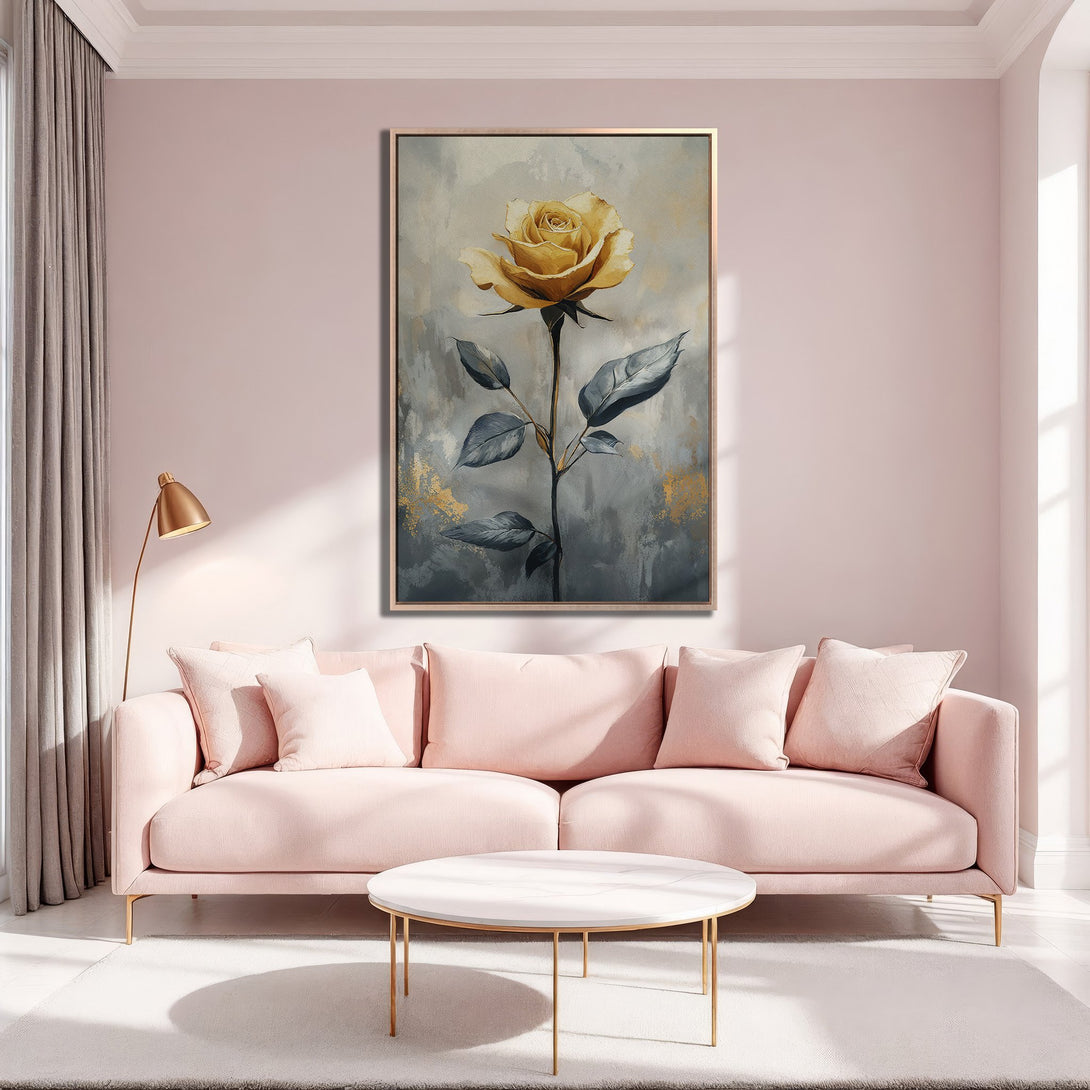 Framed Wall Art: Elegant yellow rose painting in a modern style, displayed in a blush pink living room. Soft color palette with gold accents.