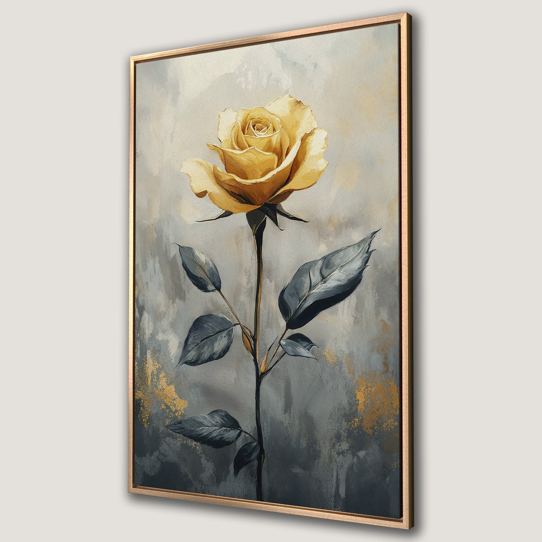 Framed Wall Art featuring a golden rose painting. Modern, abstract style with a gray and gold color palette. Perfect for adding elegance to any space.
