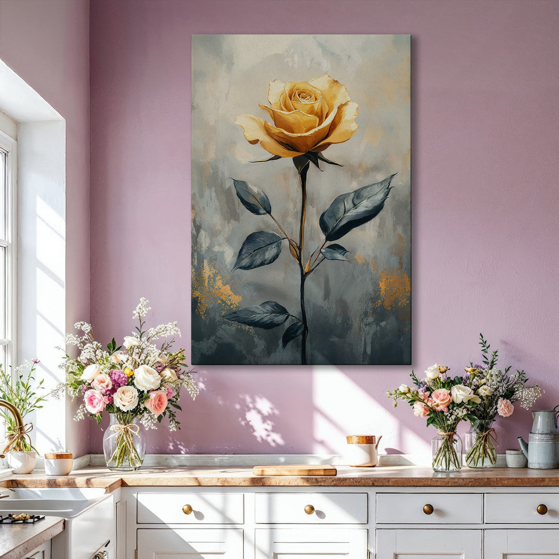 Framed Wall Art: Elegant yellow rose painting in a modern interior. Features a gold frame, muted gray and gold color palette, perfect for home decor.