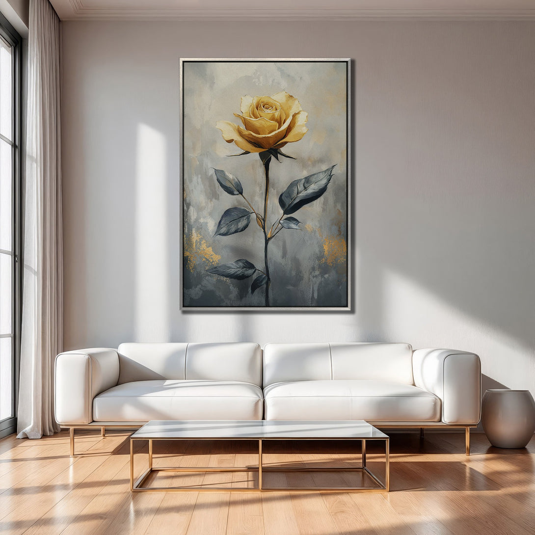 Framed Wall Art: Abstract yellow rose painting in a modern living room. Neutral gray and gold tones, perfect for elegant home decor.