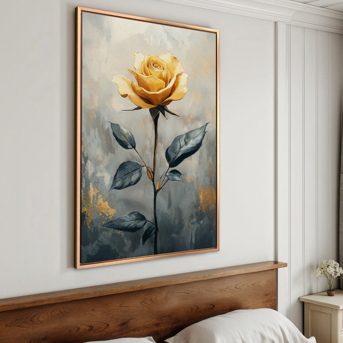 Framed Wall Art: Elegant yellow rose painting on canvas, featuring a botanical theme with a muted gray and gold color palette. Perfect bedroom decor.