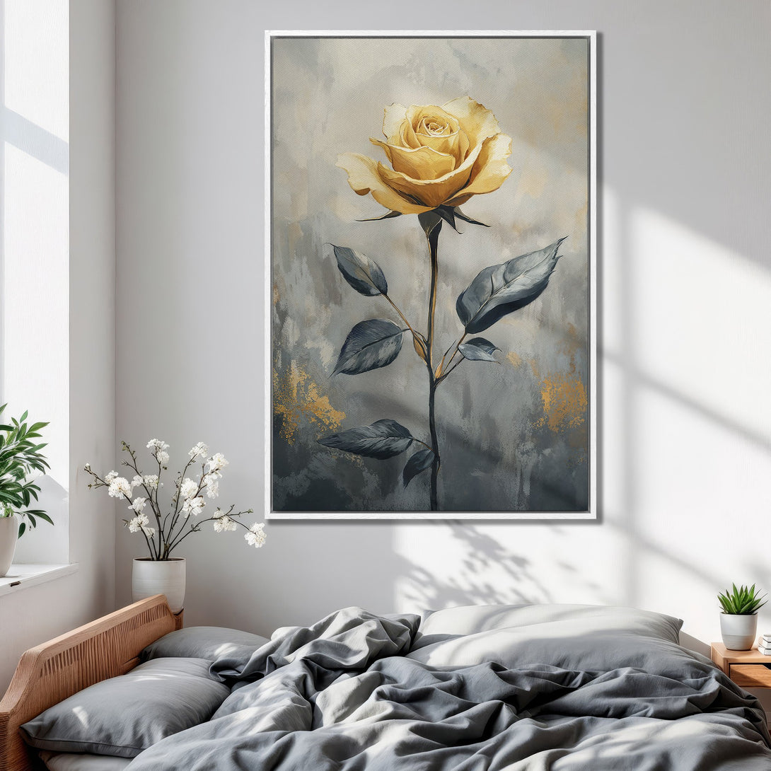 Framed Wall Art: Elegant yellow rose canvas print in a bedroom. Modern art with a neutral gray and gold color palette. Perfect bedroom decor!