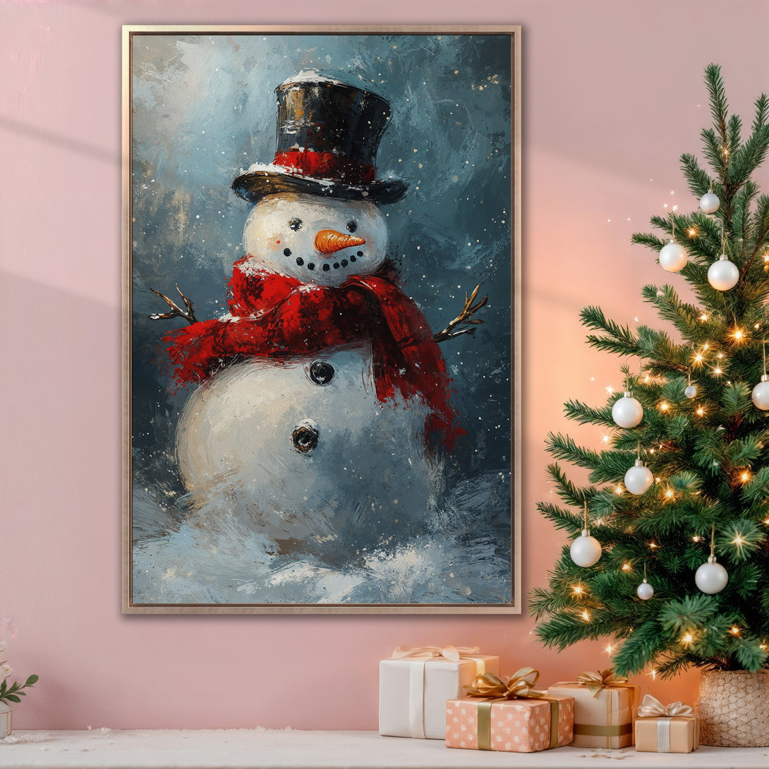 Framed Wall Art: Whimsical snowman painting with a vibrant red scarf, set against a blue and white winter backdrop. Perfect for holiday decor!