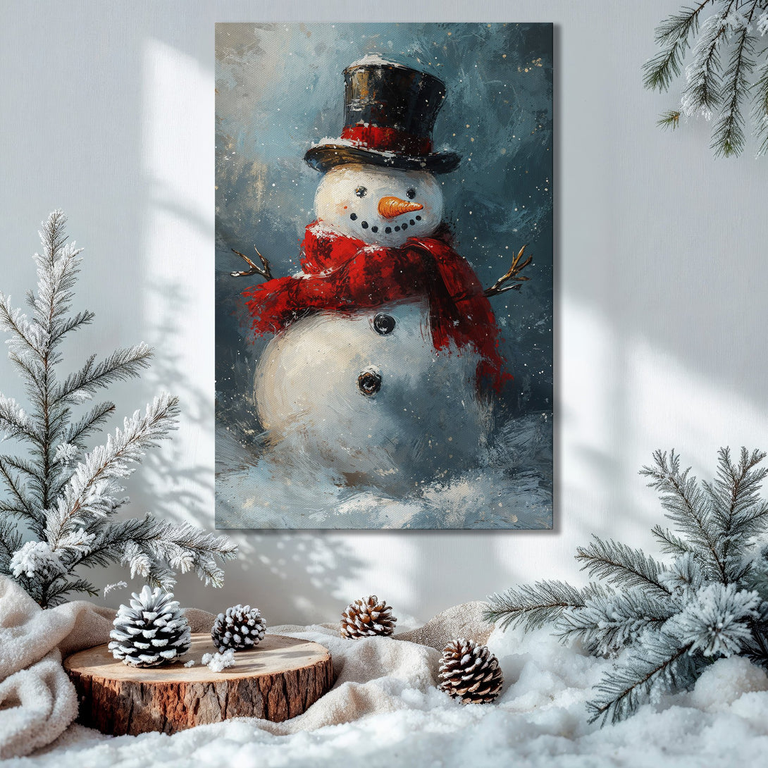 Framed Wall Art: Winter snowman painting with red scarf. Blue, white, and red color palette. Perfect Christmas wall decor.