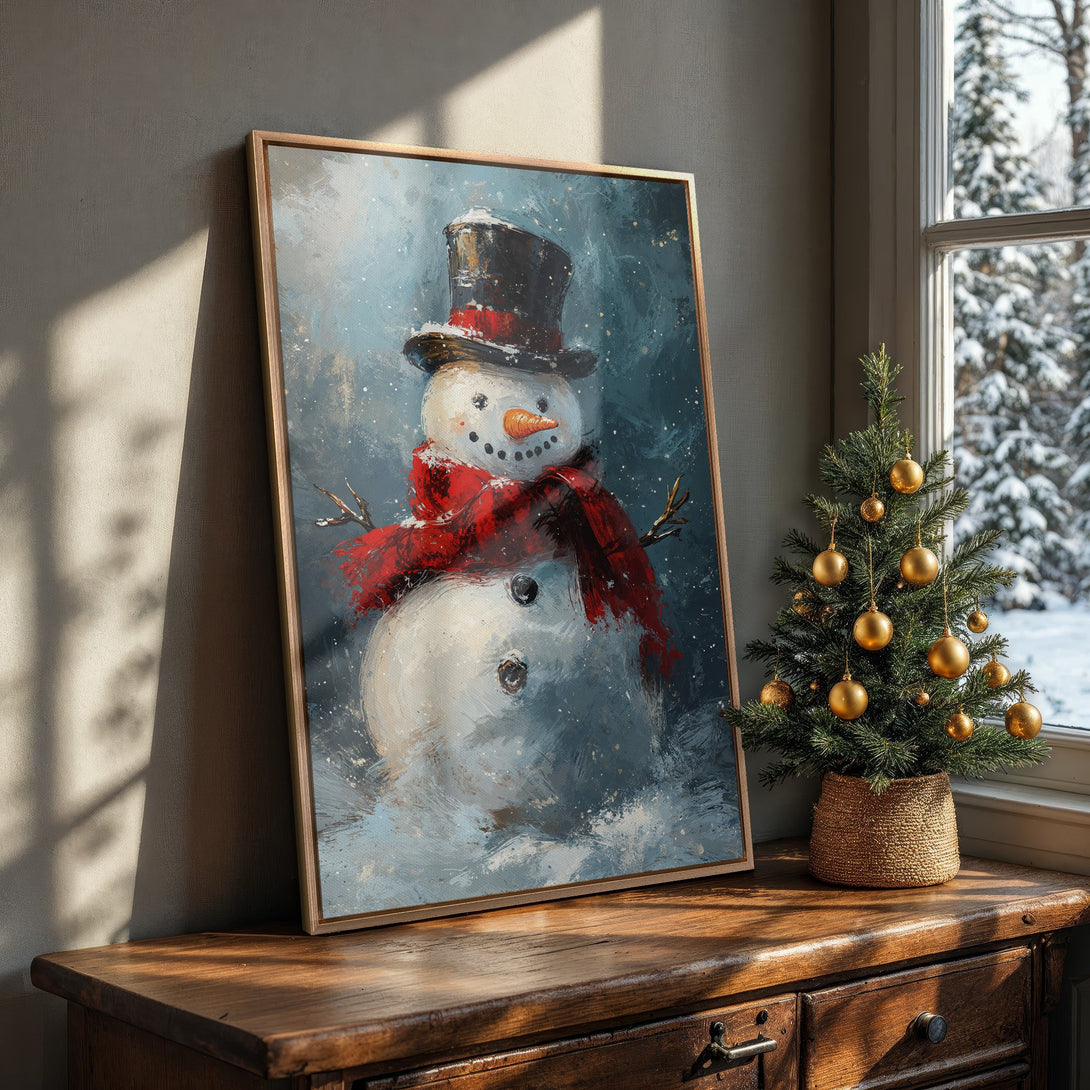 Framed Wall Art: Whimsical snowman painting with a red scarf, set against a teal and blue winter backdrop. Perfect holiday decor!