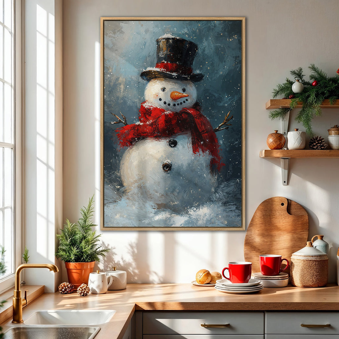 Framed Wall Art: Whimsical snowman painting in a cozy kitchen. Winter scene with a blue and red color palette, perfect for holiday decor.