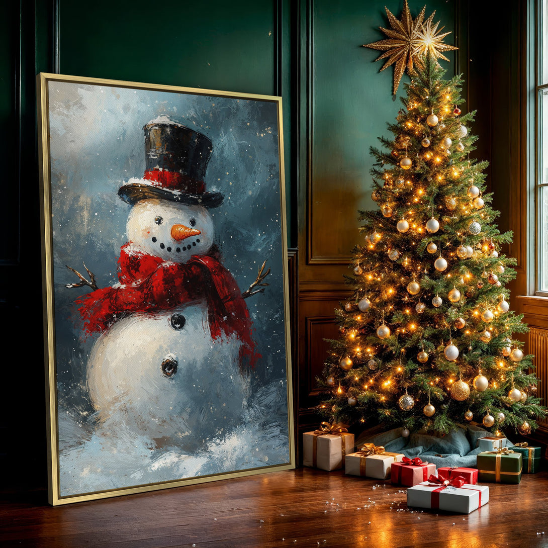 Canvas Print of a whimsical snowman with a red scarf, painted in a textured style with a blue and red color palette. Perfect winter wall art!