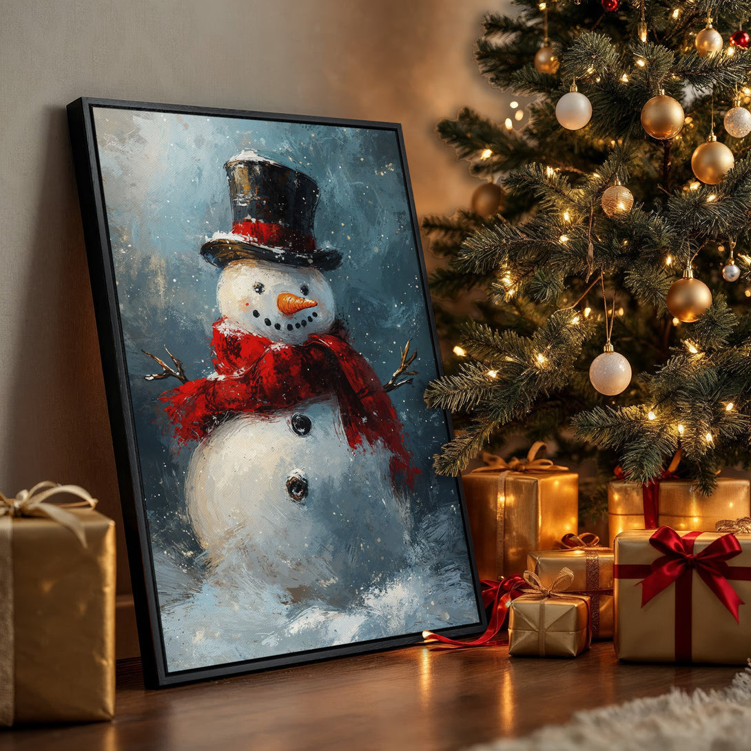 Framed Wall Art featuring a whimsical snowman in a wintery scene. Blue, white, and red color palette. Perfect Christmas decor!