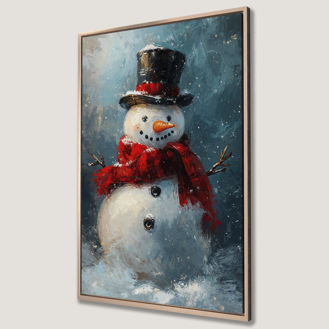 Framed Wall Art: Whimsical snowman art print in a painterly style, featuring a red scarf against a blue and white winter backdrop. Perfect holiday decor!