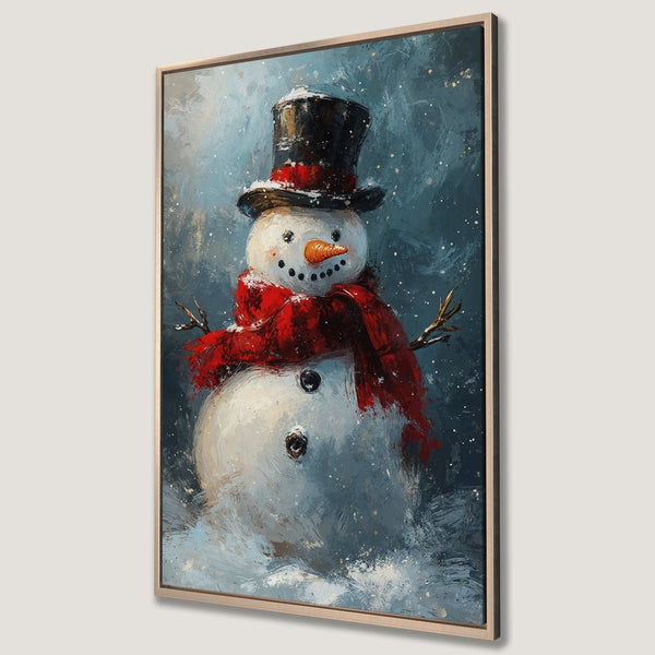 Framed Wall Art: Whimsical snowman art print in a painterly style, featuring a red scarf against a blue and white winter backdrop. Perfect holiday decor!