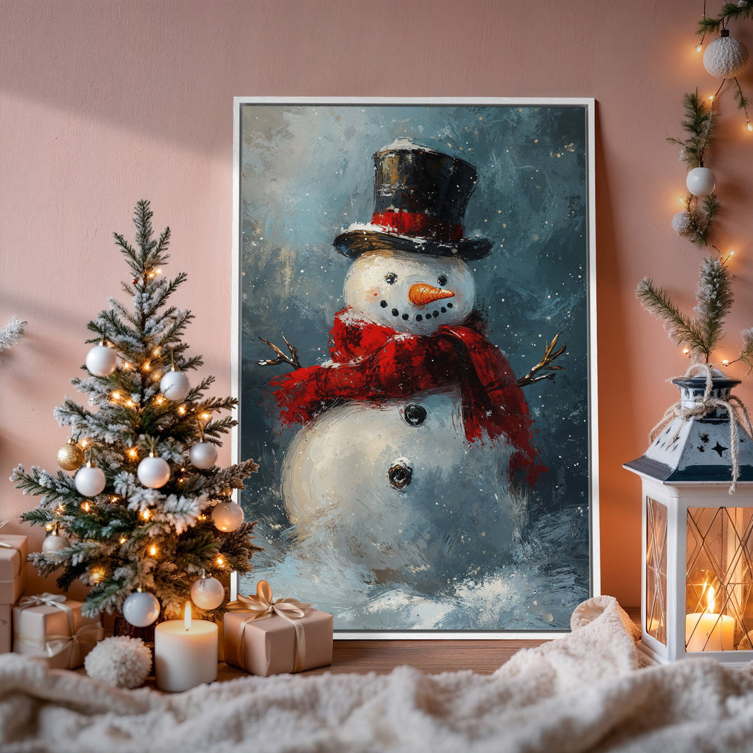 Framed Wall Art: Whimsical snowman painting in a wintery blue, red, and white palette. Perfect holiday decor for a cozy, festive atmosphere.