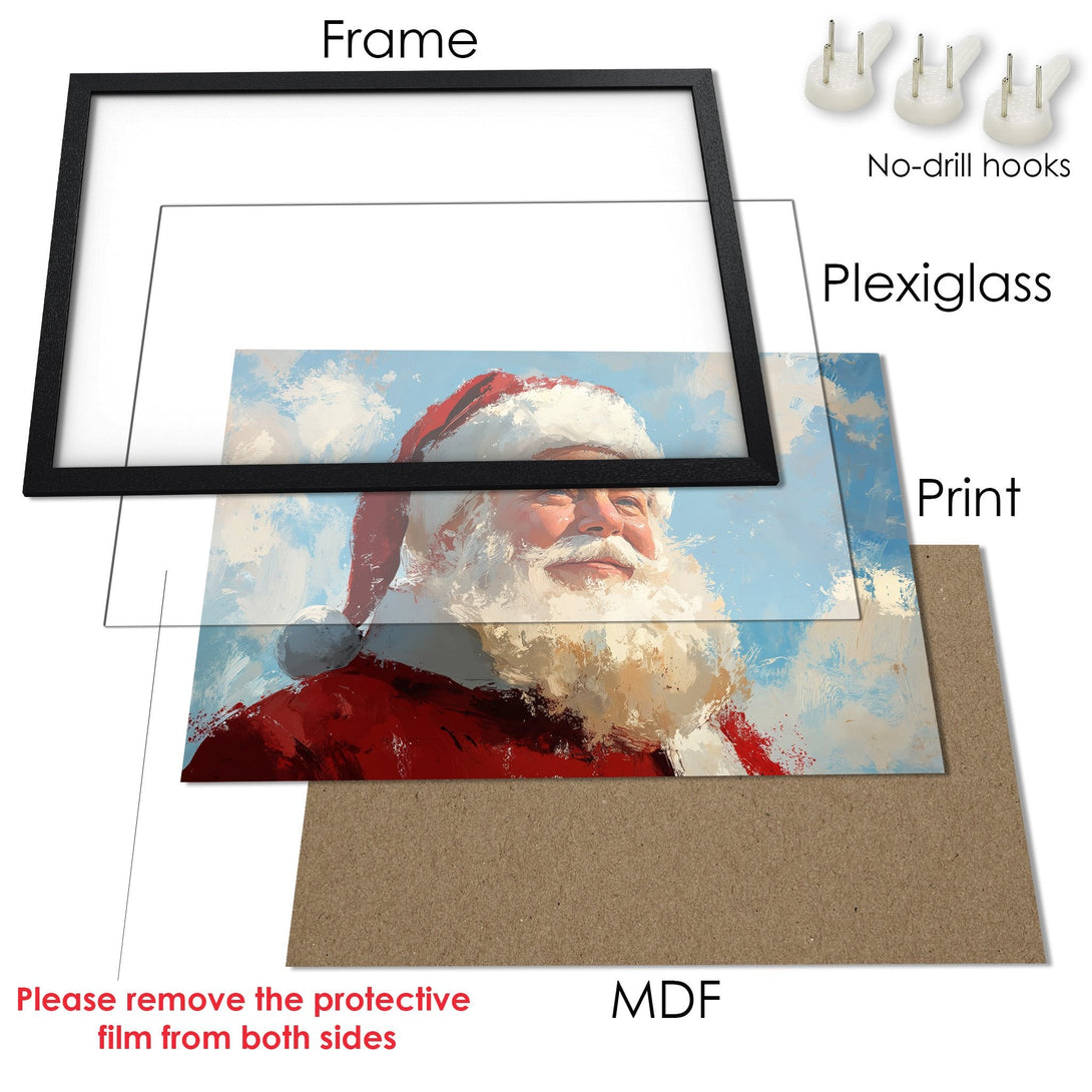 Framed Poster featuring Santa Claus in a painterly style with a red, white, and blue color palette. Perfect Christmas decor!
