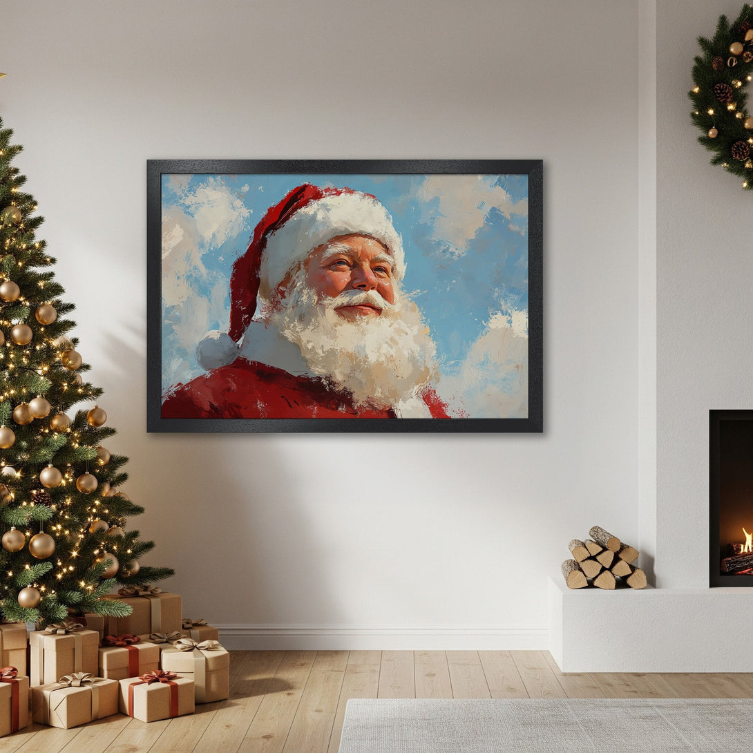 Framed Poster of Santa Claus in a painterly style, with red, white, and blue color palette. Perfect Christmas decor!