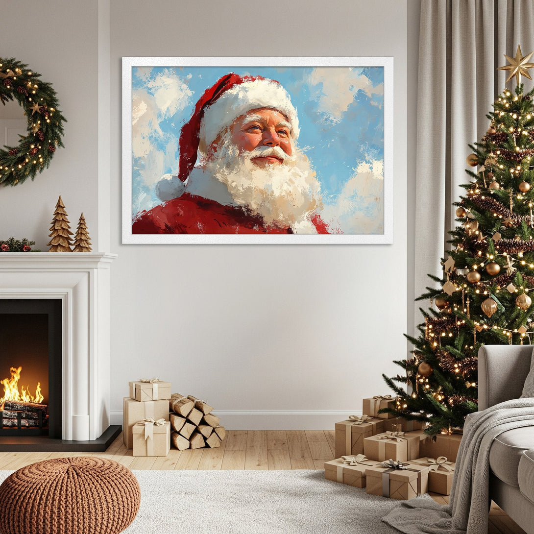 Framed Poster of Santa Claus art, impressionist style, red, white, and blue color palette, perfect for Christmas decor.