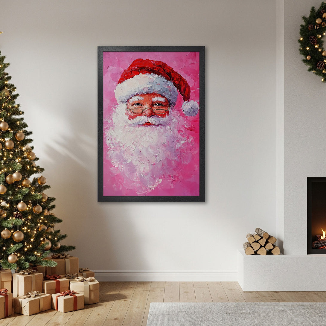 Framed Poster of Santa Claus in a vibrant pink and red palette. Festive artwork perfect for holiday decor and Christmas gifts.