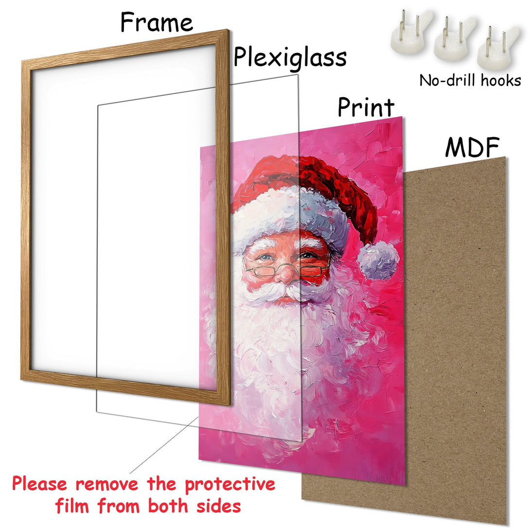 Framed Poster featuring Santa Claus in a vibrant pink palette. Artistic style, perfect Christmas wall art. Ready to hang!