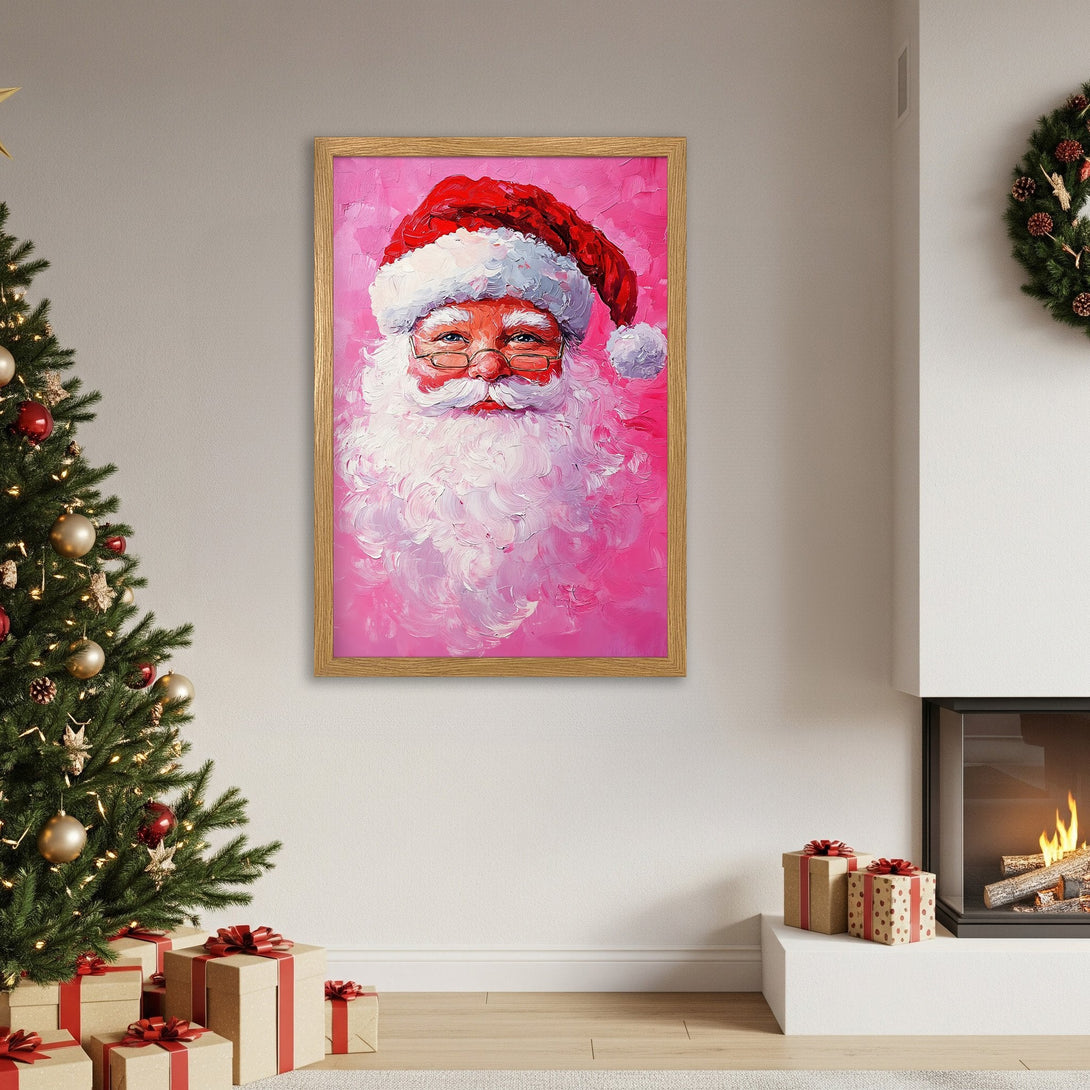 Framed Poster featuring a vibrant Santa Claus portrait, painted in a brushstroke style with a pink and red color palette. Perfect Christmas decor!