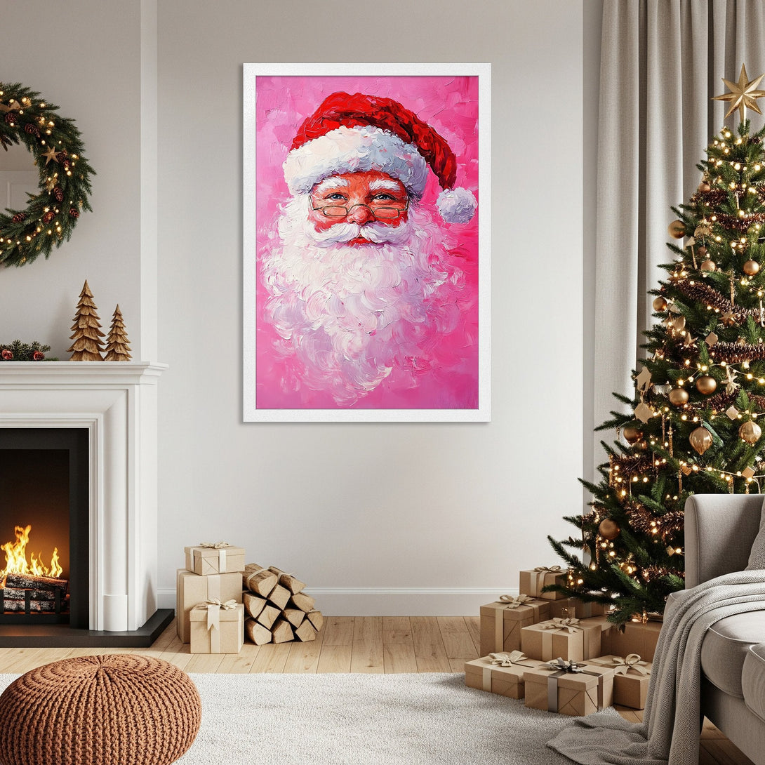 Framed Poster featuring Santa Claus in a vibrant, impressionistic style with a pink and red color palette. Perfect Christmas decor!