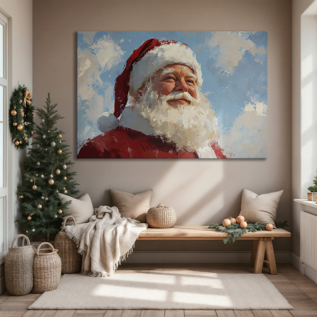 Framed Wall Art of Santa Claus in a painterly style, featuring a red, blue, and white color palette. Perfect Christmas decor!