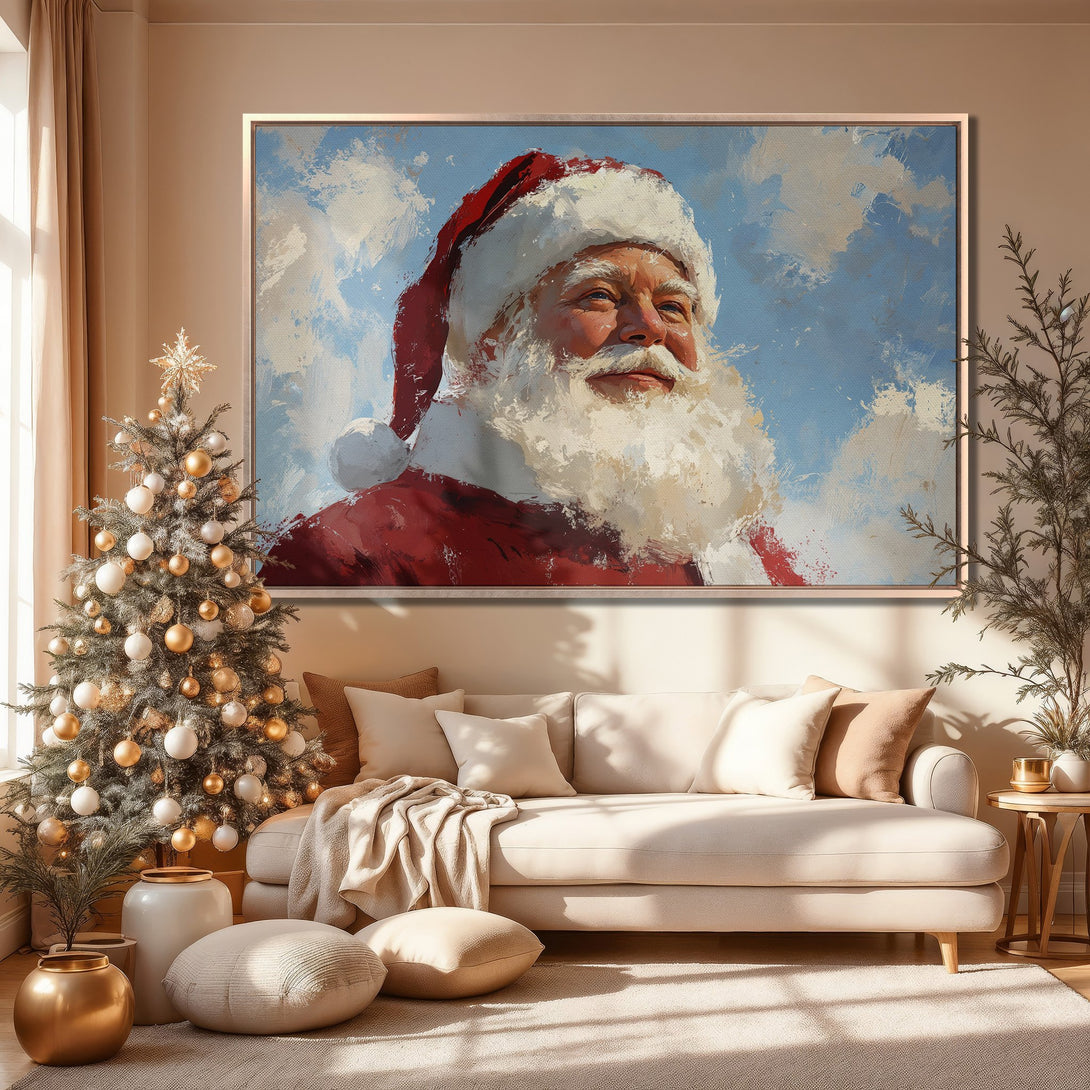 Framed Wall Art of Santa Claus in a festive interior. Oil painting style with red, blue, and neutral tones. Perfect Christmas decor for your home!