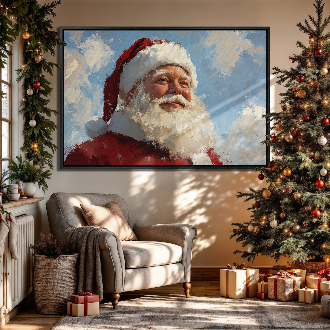 Framed Wall Art of Santa Claus in a painterly style, perfect for Christmas decor. Features a red, white, and blue color palette, creating a festive atmosphere.