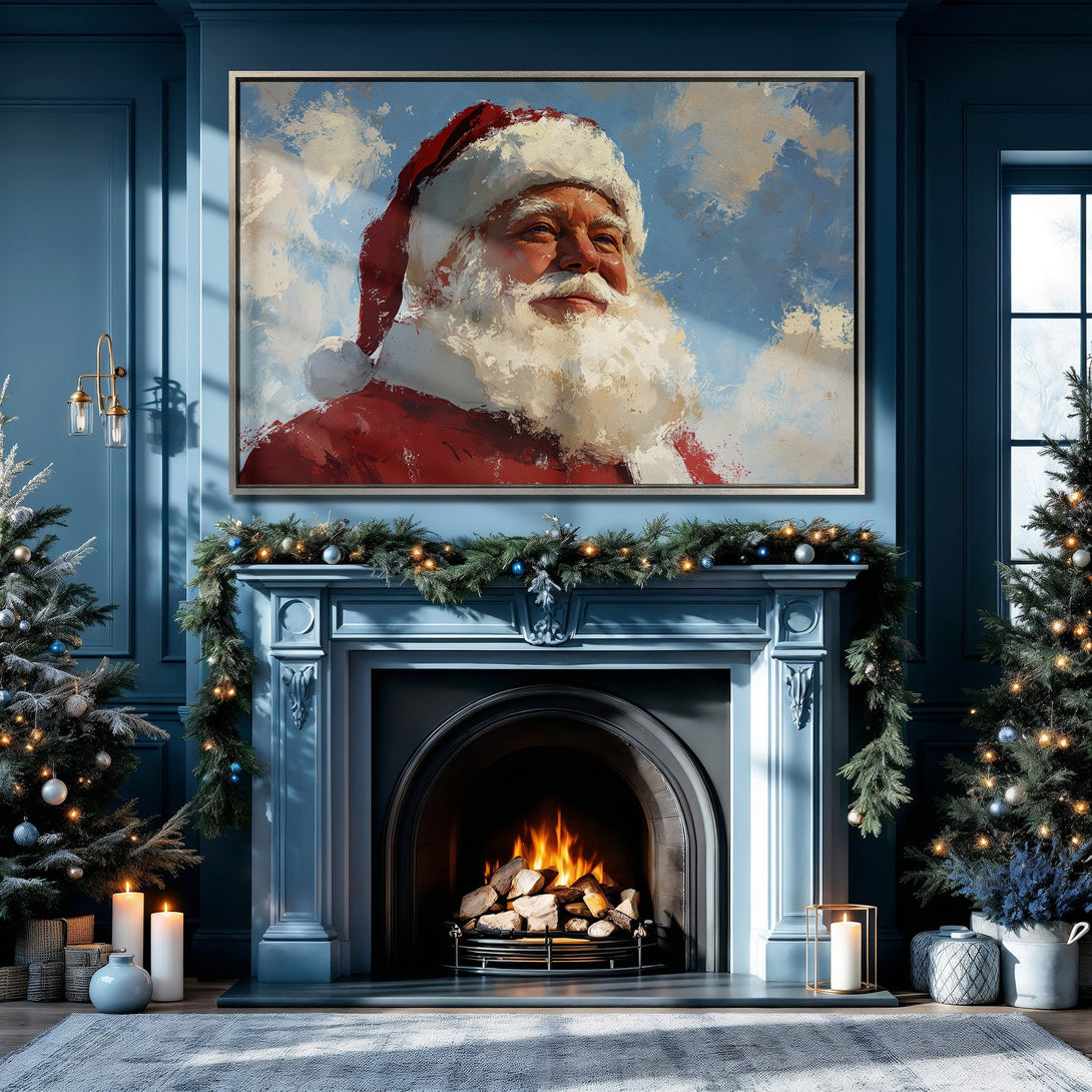 Framed Wall Art: Santa Claus portrait in a cozy Christmas interior. Festive oil painting style in red, white, and blue tones. Perfect holiday decor!