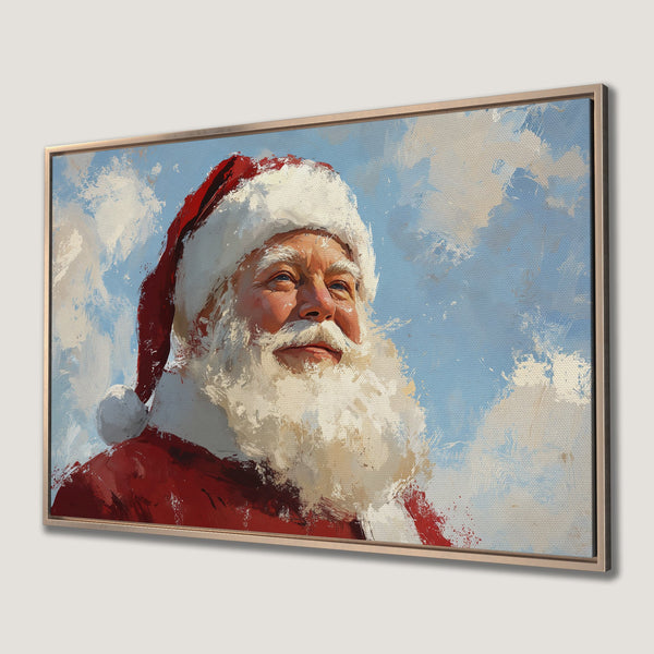 Framed Wall Art: Santa Claus painting with a warm, inviting color palette. Perfect Christmas decor!