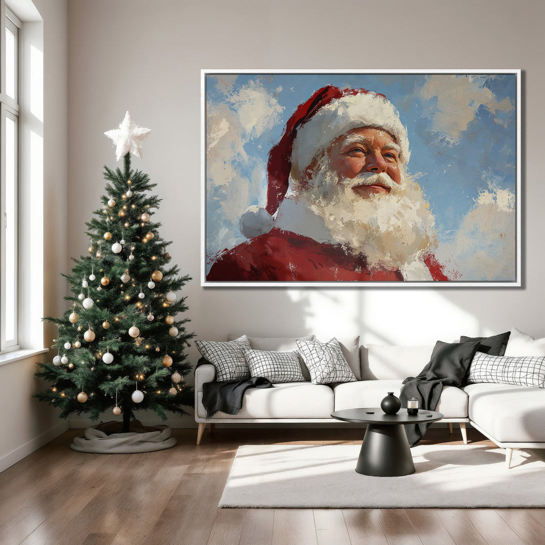 Framed Wall Art of Santa Claus in a vibrant red, white, and blue palette. Perfect holiday decor for any home. Shop Canvas Prints today!