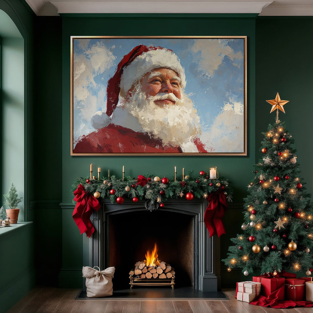 Framed Wall Art of Santa Claus in a cozy Christmas interior. Classic oil painting style with red, blue, and green color palette. Perfect holiday decor!