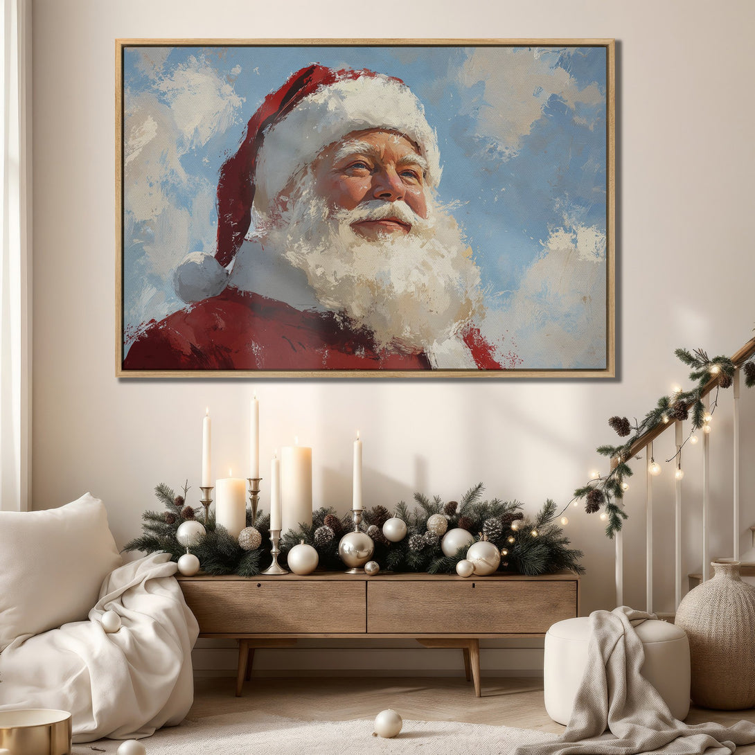 Framed Wall Art featuring Santa Claus portrait in a painterly style. Festive red, white, and blue color palette, perfect for Christmas decor.