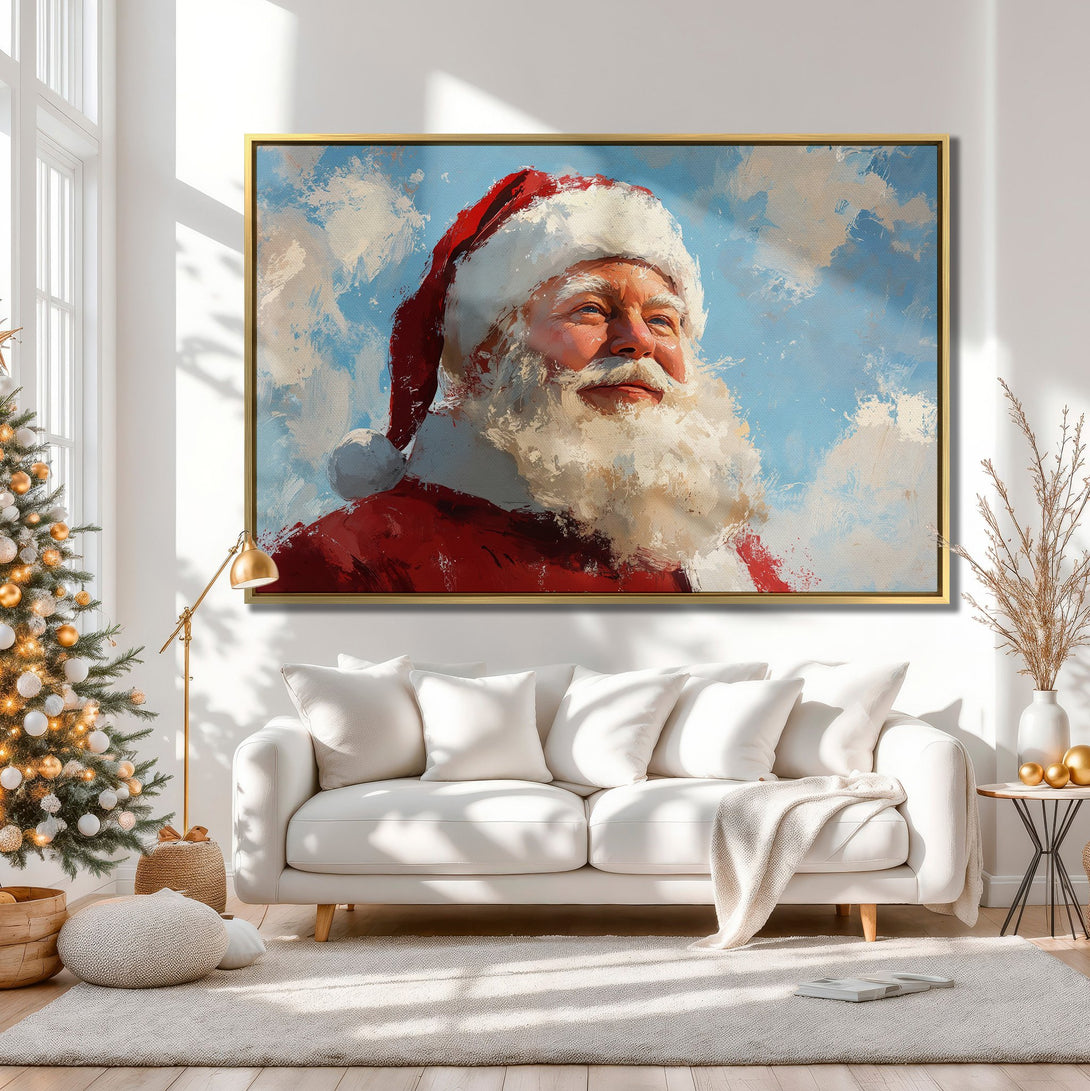 Canvas Print of Santa Claus portrait in a warm, neutral interior. Festive artwork with red, white, and blue color palette. Perfect Christmas decor!