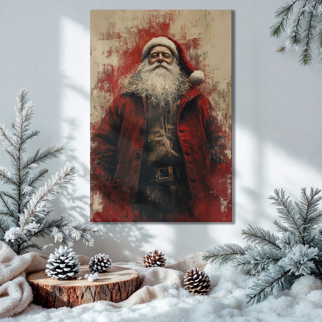 Framed Wall Art of Santa Claus in a festive interior. Abstract style with red, gold, and green tones. Perfect Christmas decor!