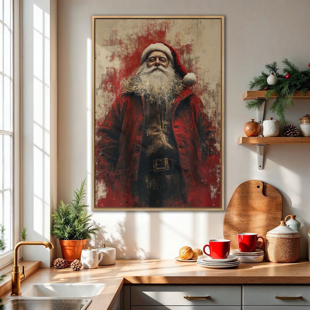 Framed Wall Art: Santa Claus portrait in a red and beige palette. Rustic, abstract style perfect for holiday decor. Bring Christmas cheer to your home!