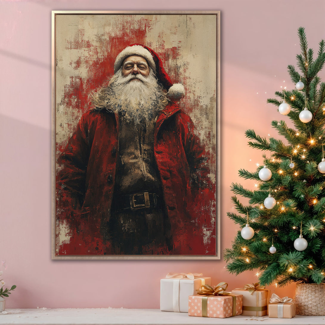 Framed Wall Art: Santa Claus portrait in red and neutral tones. Festive Christmas decor, perfect for holiday gifting. Abstract style canvas print.