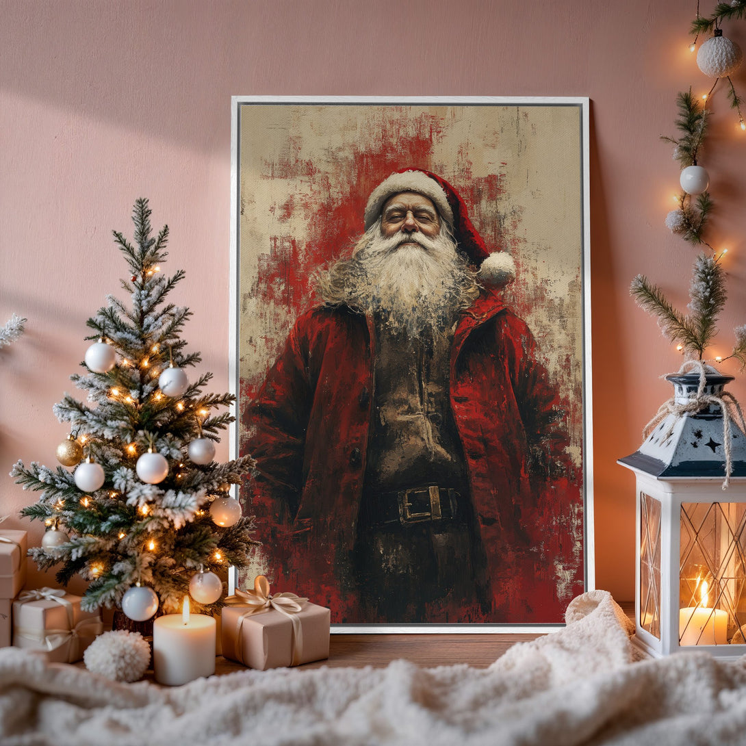 Framed Wall Art: Santa Claus portrait in red & gold abstract style. Perfect Christmas decor! Adds warmth & festive charm to any room.