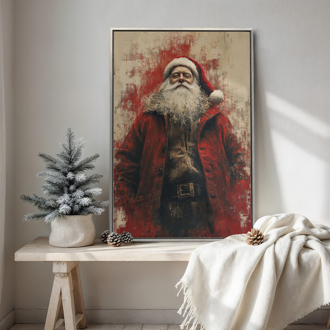 Framed Wall Art: Santa Claus painting in red and neutral tones. Rustic Christmas decor, perfect for holiday home styling.