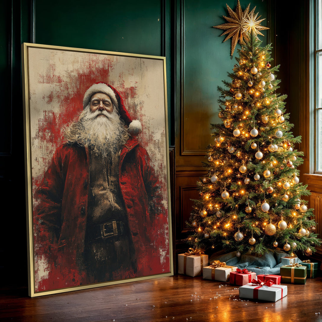 Canvas Print of Santa Claus art, featuring a red and beige color palette. Perfect Christmas wall decor for a festive touch.