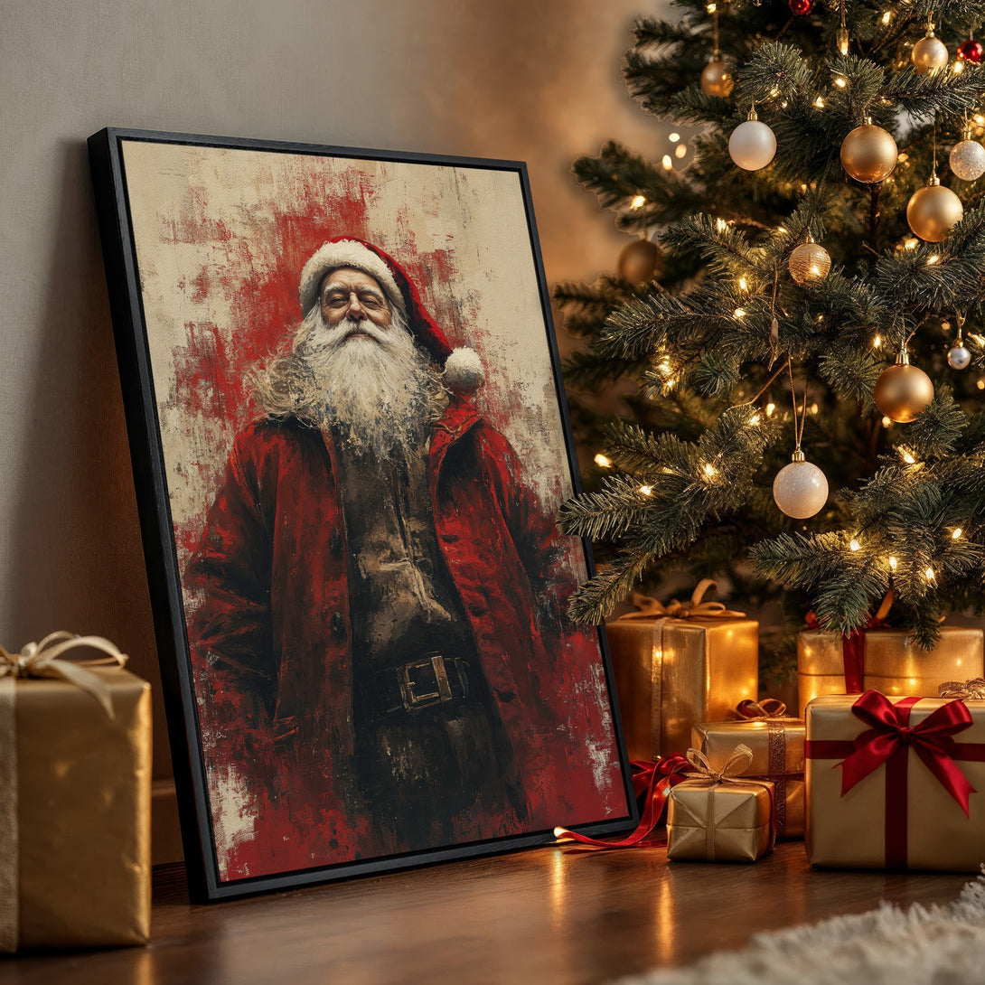 Framed Wall Art featuring Santa Claus in a red and black abstract style. Perfect Christmas decor with a warm, inviting color palette.