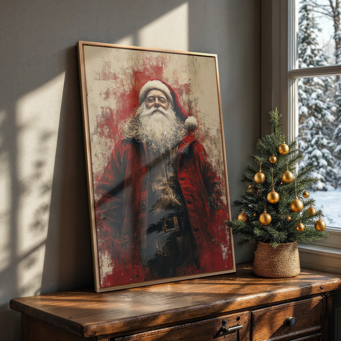 Framed Wall Art: Santa Claus portrait in a rustic style with a red and cream color palette. Perfect Christmas decor for your home!