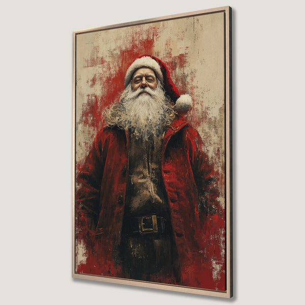Framed Wall Art: Santa Claus portrait with a red and beige color palette, painted in an expressive, textured style. Perfect Christmas decor!