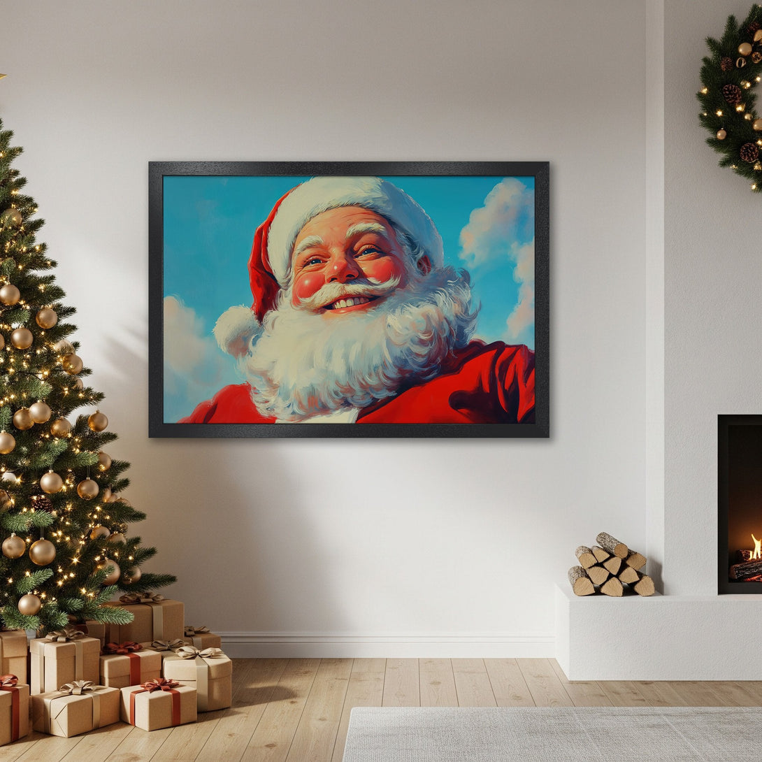 Framed Poster featuring a smiling Santa Claus, vibrant colors, perfect for Christmas decor. Festive art print.