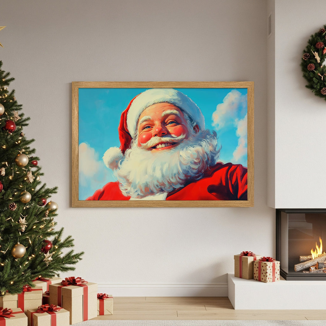 Framed Poster featuring Santa Claus, vibrant, joyful, with a red, blue, and white color palette, perfect for Christmas decor.