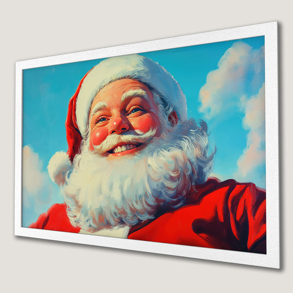 Framed Poster featuring Santa Claus smiling, vibrant red and blue color palette, whimsical style, perfect for holiday decor.