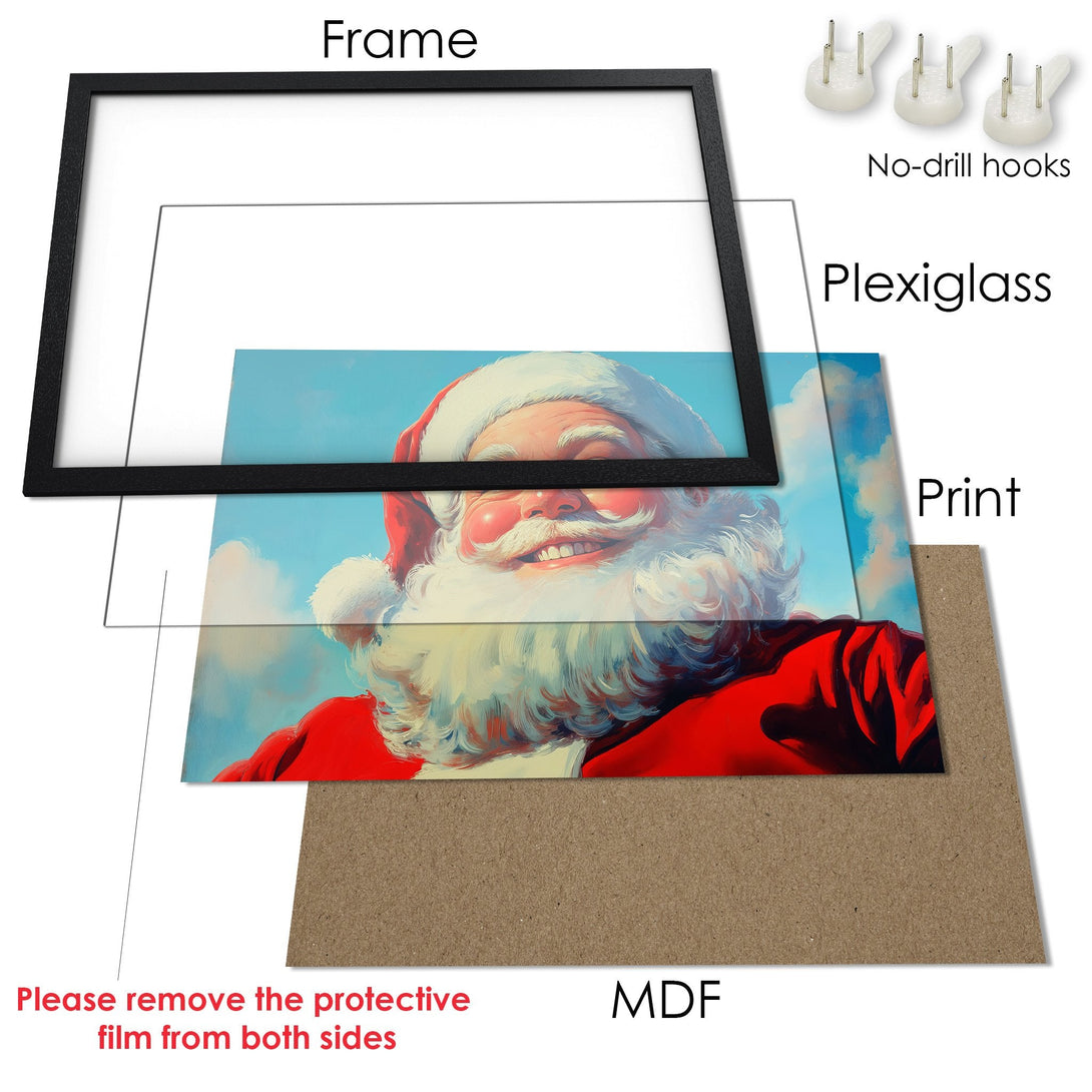 Framed Poster featuring Santa Claus in a vibrant red and blue palette. Perfect Christmas decor!