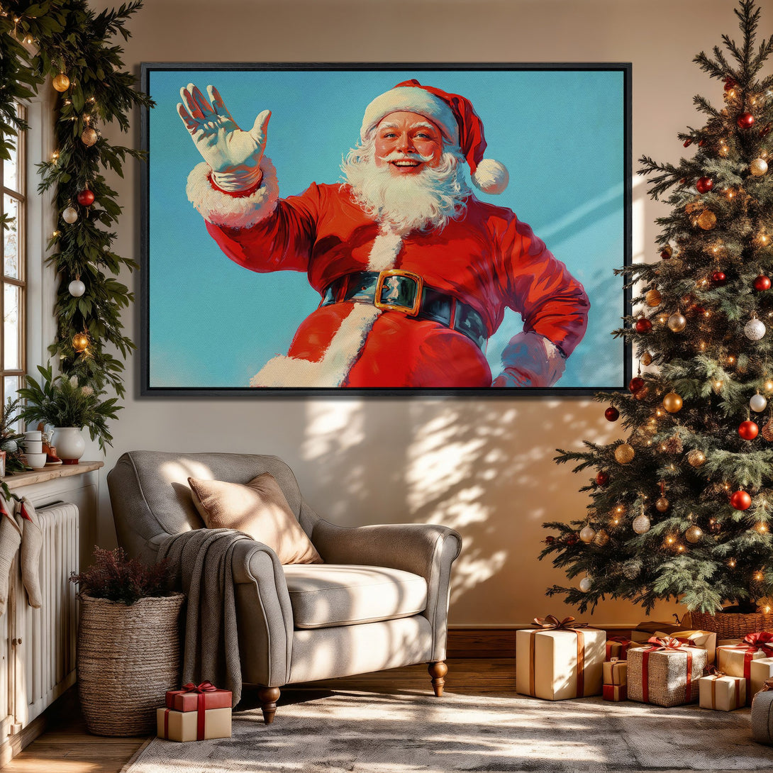 Framed Wall Art featuring Santa Claus in a vibrant red and blue color palette. Festive holiday decor for your home. Perfect Christmas gift!