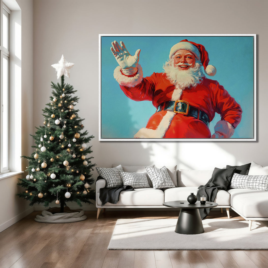 Framed Wall Art: Santa Claus canvas print in a modern living room. Vibrant red, blue, and white color palette. Perfect Christmas decor!
